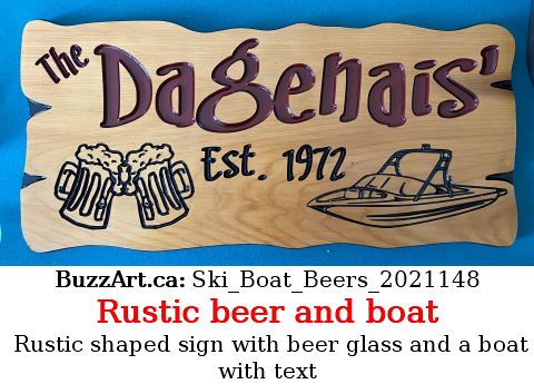 Rustic shaped sign with beer glass and a boat with text
